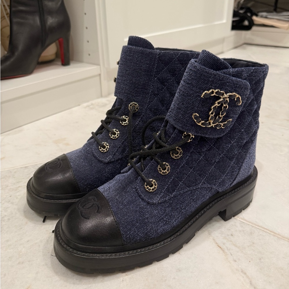 CHANEL Navy and Black Combat Boots
